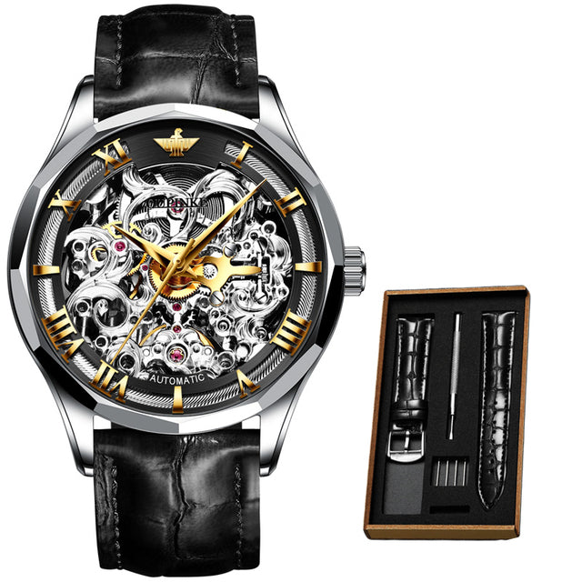 Mens Watch Mechanical Wrist Watch Luxury Automatic Skeleton Genuine Leather Top Brand OUPINKE Tungsten Steel Sapphire Glass