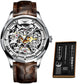 Mens Watch Mechanical Wrist Watch Luxury Automatic Skeleton Genuine Leather Top Brand OUPINKE Tungsten Steel Sapphire Glass