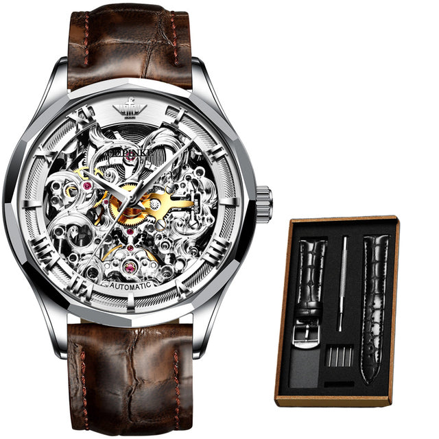 Mens Watch Mechanical Wrist Watch Luxury Automatic Skeleton Genuine Leather Top Brand OUPINKE Tungsten Steel Sapphire Glass