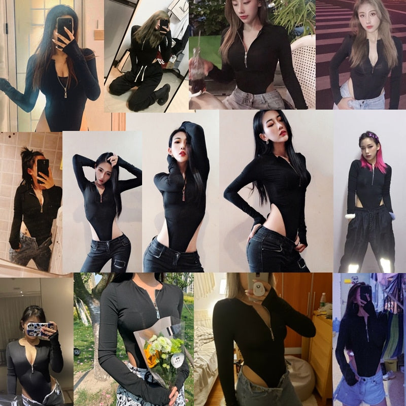 Women’s Solid Fashion Zipper Bodysuits