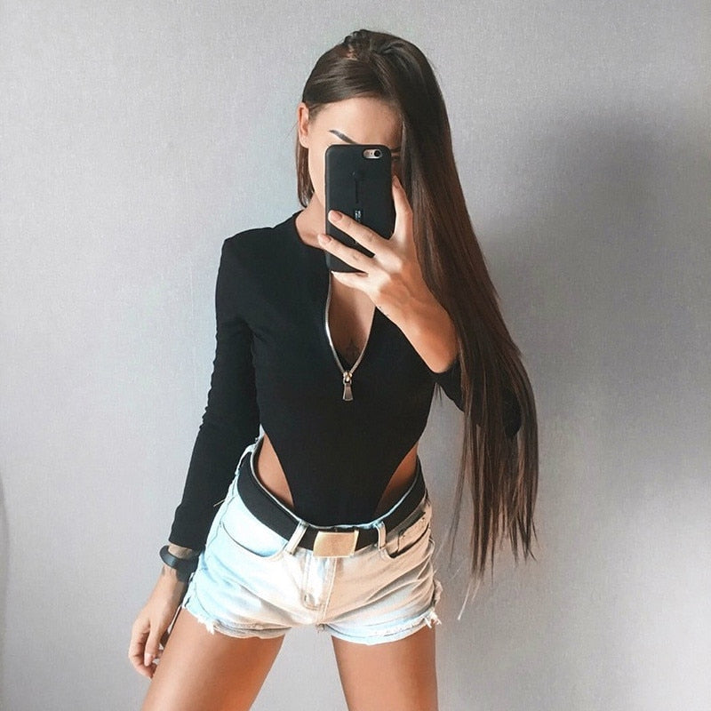 Women’s Solid Fashion Zipper Bodysuits