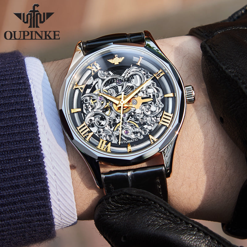 Mens Watch Mechanical Wrist Watch Luxury Automatic Skeleton Genuine Leather Top Brand OUPINKE Tungsten Steel Sapphire Glass
