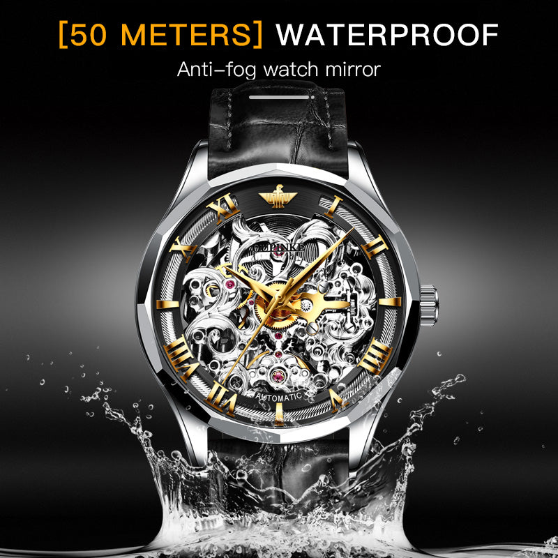 Mens Watch Mechanical Wrist Watch Luxury Automatic Skeleton Genuine Leather Top Brand OUPINKE Tungsten Steel Sapphire Glass