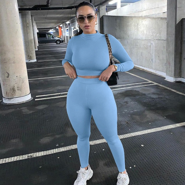 Long Sleeve Crop Tops And Legging Pants Set