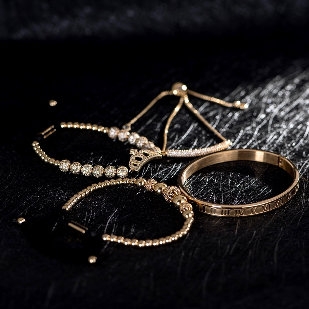 Luxury Roman Royal Charm Pave Crown Hand made Weaving Adjustable Bracelet