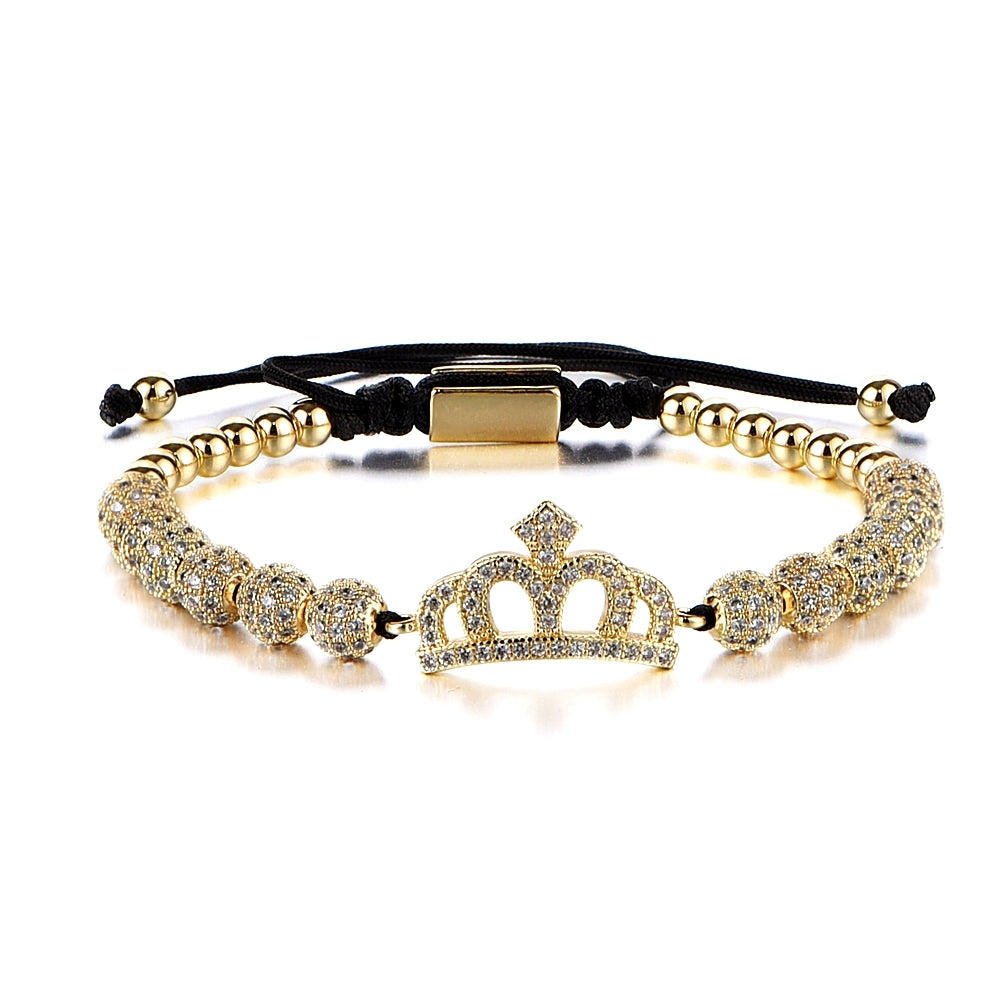 Luxury Roman Royal Charm Pave Crown Hand made Weaving Adjustable Bracelet