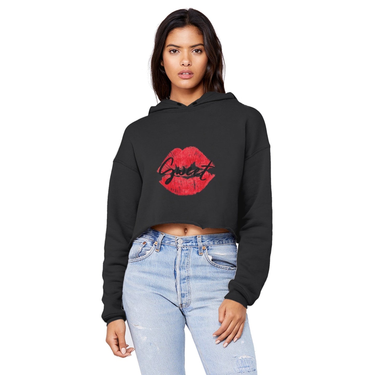 Sweet Kiss Red Lipstick Black Graphic Text Style Raw Edge Cropped Hooded Shirt