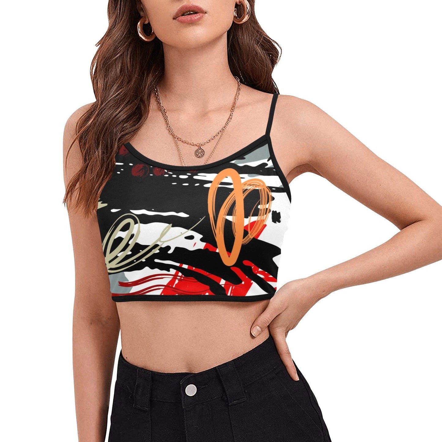 Womens Sports Crop Top Sleeveless Black/Multicolor - 013641